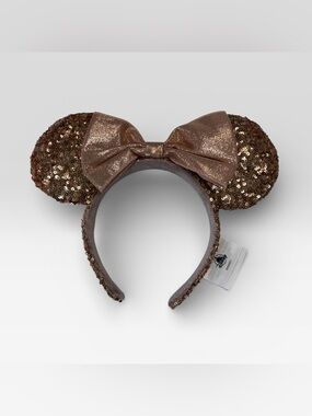Disney Parks Rose Gold Sequin Pink Satin Bow Mouse Ears Headband EUC